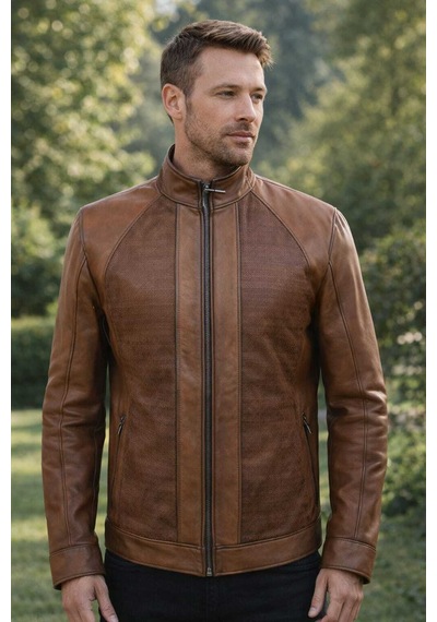 Viamod Leather Erkek Kahverengi Hakim Yaka Modern Tasarım Dokulu Saf Deri Mont 4631 Kahverengi - Taba