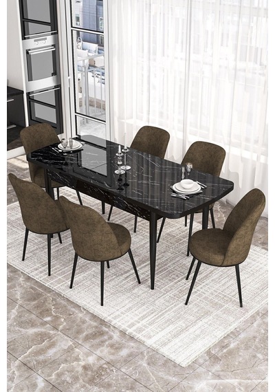 Canisa Concept Kor Serisi, 70x114 Açılabilir Yemek Masası Takımı, Siyah Mermer Desen Masa Ve 6 Kahve Sandalye Masa Siyah Mermer Desenli Sandalyeler Kahve Canisa Concept Kor Serisi, 70x114 Açılabilir Yemek Masası Takımı, Siyah Mermer Desen Masa Ve 6 Kahve Sandalye Masa Siyah Mermer Desenli Sandalyeler Kahve