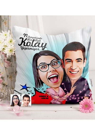 Kişiye Özel Sevgililer Karikatürlü Saten Yastık - 2