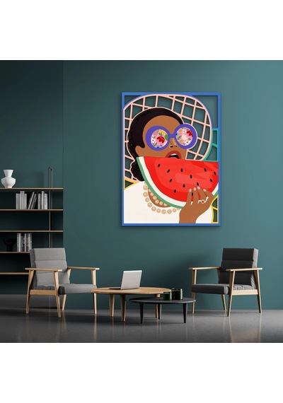 Karpuz Yiyen Gözlüklü Kadın - Metal Tablo - Dec0339 48 X 65 Cm Çok Renkli