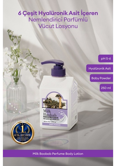6 Hyalüronik Asitle Nemlendiren Parfümlü Vücut Losyonu Mılk Baobab Perfume Body Lotion Baby Powder