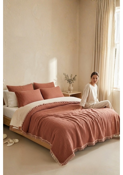 Natura Soft Ekru 4 Kat Müslin Çift Kişilik Yatak Örtüsü 220x230 Cm %100 Pamuk Çok Amaçlı Koltuk Örtüsü Ve Tv Battaniyesi Kırmızı