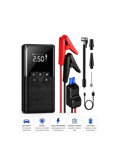 Vothoon12000 Mah Akıllı Akü Takviye Ve Dijital Hava Pompası Akım Korumalı