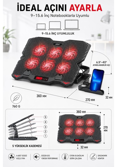 Uptech Laptop Soğutucu 6 Fanlı Lcd Kontrol Panel Ayarlanabilir Dizüstü Bilgisayar Soğutma Fanı