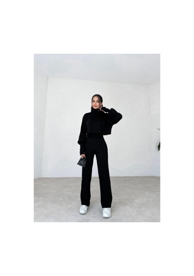 Movella Fashion Balıkçı Yaka Parmak Geçirmeli Movel 2 Li Triko Takım Siyah Siyah