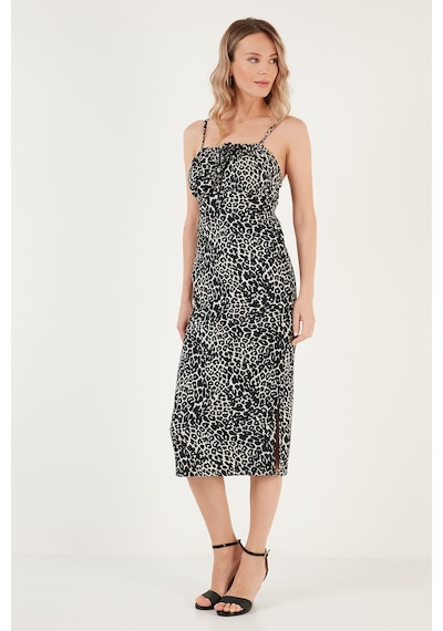 Lela Önü Büzgülü Ip Askılı Yırtmaçlı Fitted Midi Bayan Elbise 5865362 Leopar