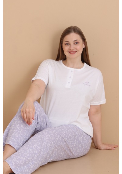 Wordex Mirano 4514 Çiçekli Kısa Kollu Pamuklu Penye Büyük Beden Kadın Pijama Takımı Ekru