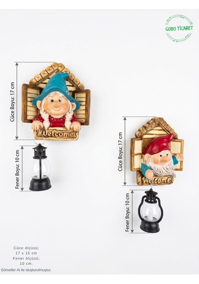 Dekoratif Fenerli Welcome Cüce Çifti 2li Set Dekoratif Kapı Ve Duvar Süsü Renk Seçenekli 17x15 Cm. Kırmızı
