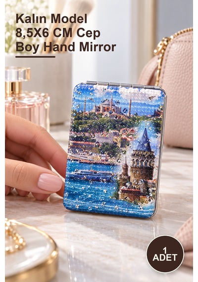 1 Adet Taşlı İstanbul Tasarımı El Aynası Kalın Model 8,5x6 Cm Cep Boy Hand Mirror