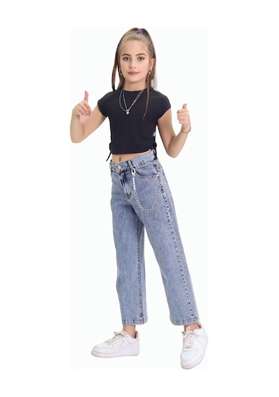 Gzt Tekstil Kız C Ocuk Pantolon Kız Çocuk %100 Pamuk Bol Paça Zincirli Jeans Kot Pantolon 6-15 Yaş Denim