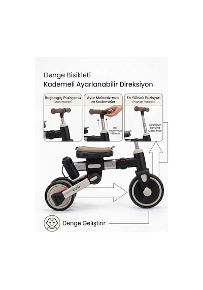 Kidilo Çift Yönlü Ebeveyn Kontrollü Bisiklet+denge Bisikleti Kahverengi