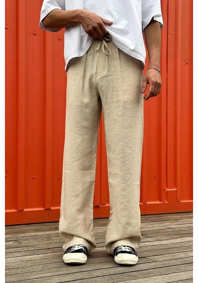 Krem Pile Detaylı Beli Lastikli D2 Go Baggy Pantolon Krem