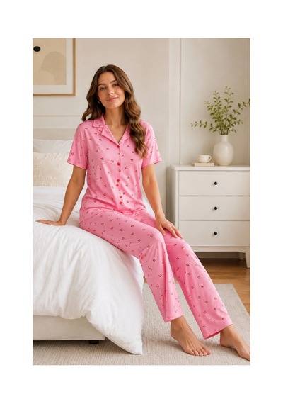 Angbutik Pembe Kiraz Desenli Kısa Kollu Gömlek Yaka Milan Kumaş Kadın Pijama Takımı