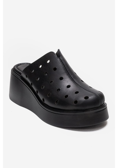 Luvishoes Nıves Siyah Hakiki Deri Delikli Kadın Dolgu Topuklu Terlik