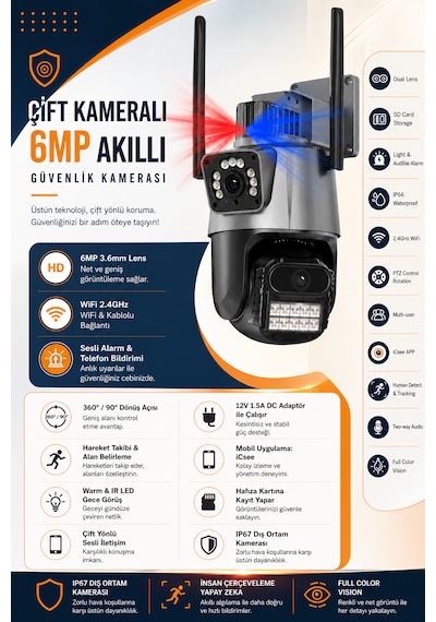 Wifi 2 Kameralı 6mp Akıllı Güvenlik Kamerası