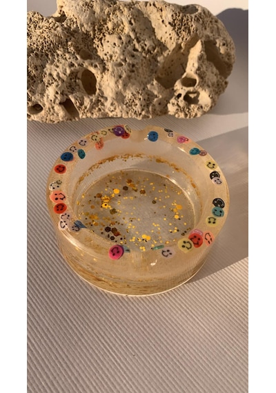 Şeffaf Renk Gülen Yüz Emoji Gold Glitter Süsleme Yuvarlak Küllük
