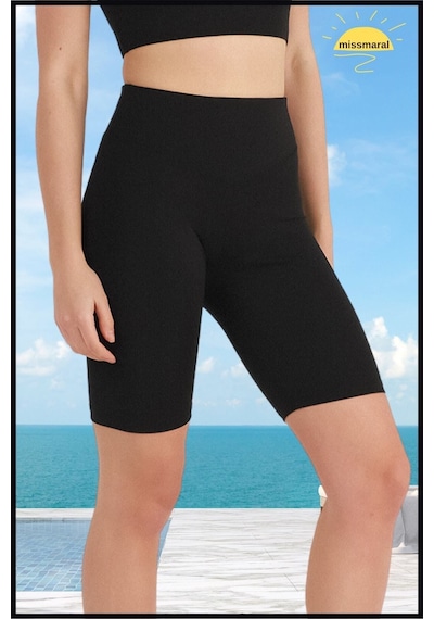 Missmaral Kadın Siyah Yüksek Bel Toparlayıcı Tayt Kısa Spor Şort Deniz Havuz Spor Biker Shorts 1070 SiYAH
