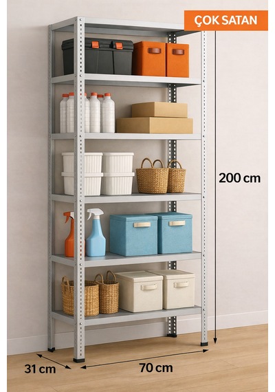 6 Katlı Elektrostatik Toz Boya Çelik Raf - Depo, Arşiv, Dosya, Market Rafı 31x70 Cm-200 Cm-0.70 Mm Elektrostatik Gri