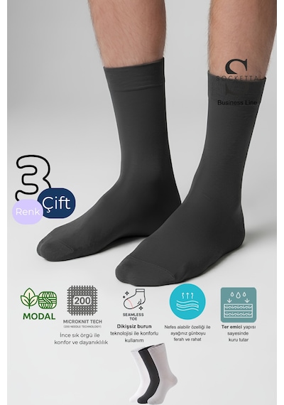 Socketta 3'lü Karışık Renkli Erkek Business Modal Dikişsiz Takviyeli İnce Yazlık Soket Çorap - Premium Beyaz-gri-füme Socketta 3'lü Karışık Renkli Erkek Business Modal Dikişsiz Takviyeli İnce Yazlık Soket Çorap - Premium Beyaz-gri-füme