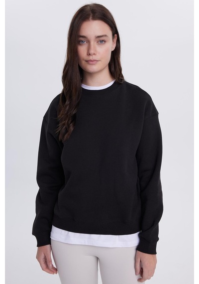 Tudors Kadın Oversize Geniş Kesim Pamuklu Bisiklet Yaka Siyah Sweatshirt-39923 SiYAH