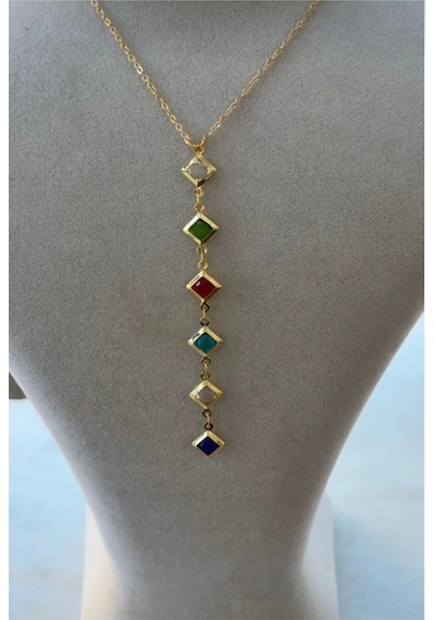 Kadın Gold Renk Çok Renkli Zirkon Taşlı Y Model Kolye