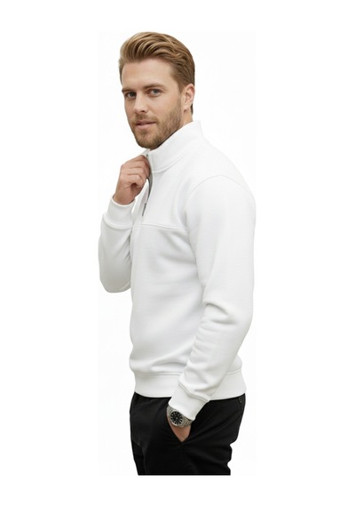 Deepsea Erkek Beyaz Relax Fit İçi Polarlı %100 Pamuk Yarım Fermuarlı Dik Yaka Sweatshirt 2600760 Beyaz