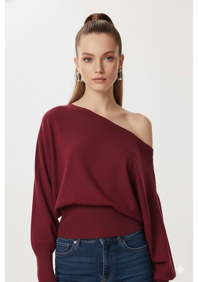 Fiolin Omuzu Açık Off Shoulder Triko Kazak Bordo