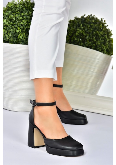 Fox Shoes  Siyah Kalın Platform Topuklu Kadın Ayakkabı M404100809 Siyah-Suni Deri