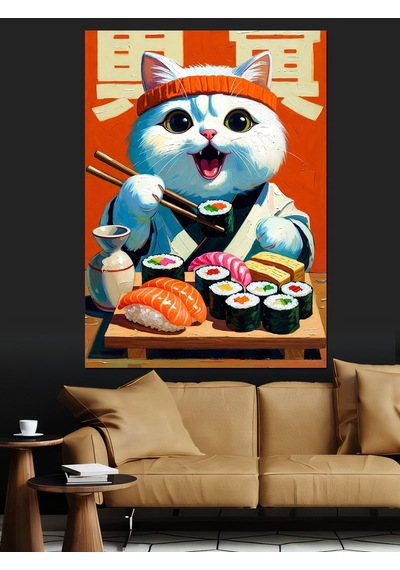 Ahşap Tablo Sushi Yiyen Sevimli Kedi