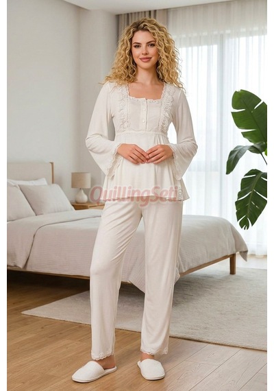 Lady  Dantel Detaylı 33205 Uzun Kol 2 Parça Lohusa Hamile Pijama Takımı Ekru Renkli
