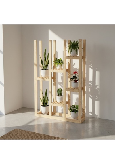 Woodesta Masif Ahşap Dekoratif Çiçeklik - 120x120 Cm Çok Katlı Modern Bahçe Balkon Saksılık Standı Bej
