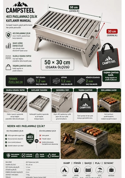 Campsteel "grand-pro" 50x30 Cm Alev Yapmayan Katlanabilir Inox Mangal Gri