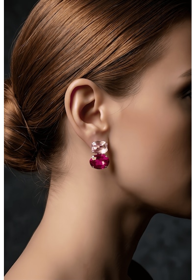 Oval Kare Vintage Model Kristal Taşlı Fuşya Renkli Küpe Pembe