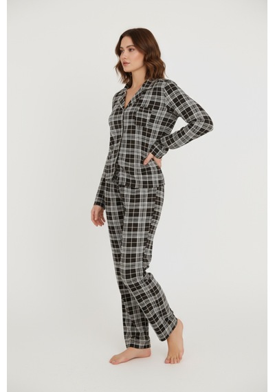 Luxury Viscose Siyah Beyaz Ekose Desenli Kadın Uzun Kollu Pijama Takımı 42575 Gümüş
