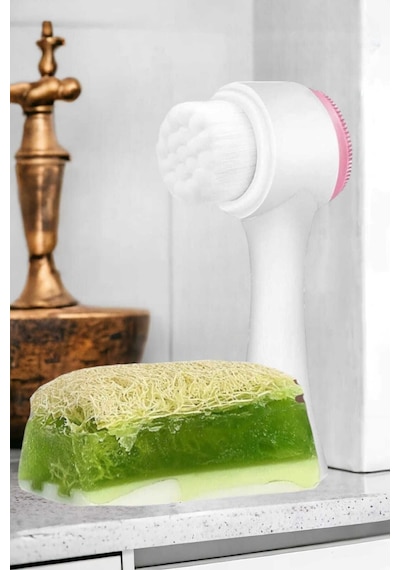 2'li Cilt Bakım Kabak Lifli Keçi Sütü Aloe Vera Sabun Çift Taraflı Yüz Temizleme Fırçası
