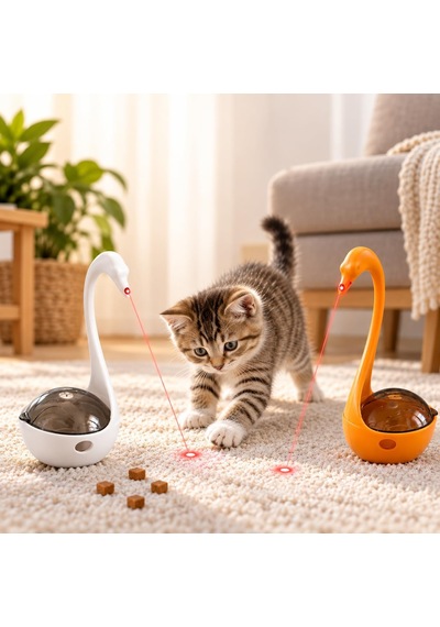 Lazerli Mama Hazneli İnteraktif Kedi Oyuncağı, Ödül Mamalı Kuğu Tasarım, Pilli Hareketli Lazer Oyuncak, Zihinsel Uyarım Ve Egzersiz İçin Kedi Aktivite Oyuncağı, Piller Dahil Beyaz