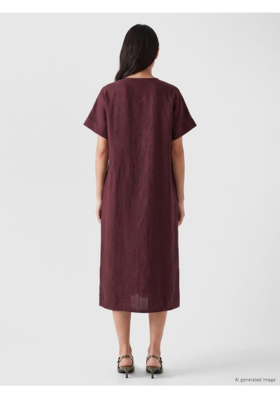 Lcw Everyday Bordo V Yaka %100 Keten Elbise