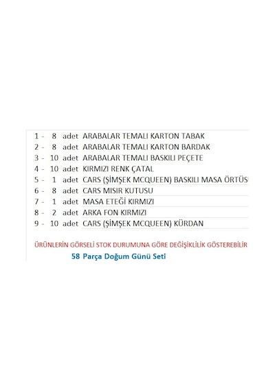 Cars, Arabalar , Şimşek Mcqueen Tabak, Bardak, Mısır Kutusu, Peçete, Çatal, Kürdan, Fon Perde, Masa Örtüsü, Masa Eteği