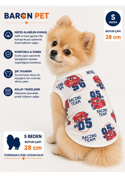 Köpek Tişörtü S Beden Boyun Çapı 28 Cm Pomeranian Kalıp Yarış Arabası Desenli - Beyaz