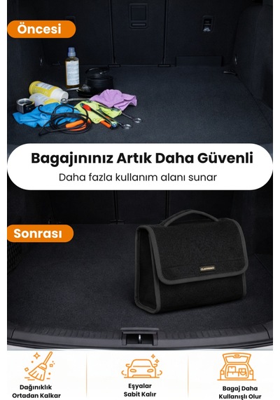 Oto Bagaj Organizer Bagaj Çantası M Boy Kaymaz Cırt Bantlı Velur Kompakt - Siyah