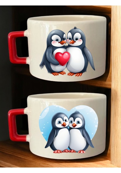 Penguen 2'li Kupa Bardak - Kişiye Özel Seramik Kupa, Kişiye Özel Resimli Kupa Bardak Beyaz