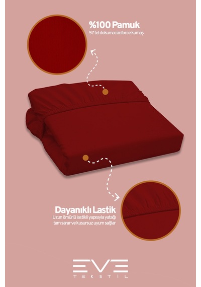 Eve Tekstil Pamuklu Çift Kişilik Rainforce Kumaş Lastikli Çarşaf Ve Yastık Kılıfı Set Bordo