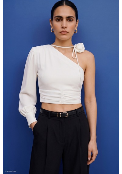 Sateen Çiçek Detaylı Bluz - Ekru-137863