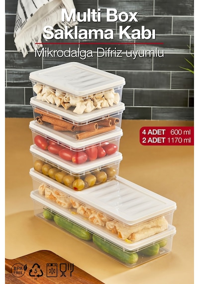 Multi Box 6 Lı Set Saklama Kabı Seti 2 Farklı Boy- Dondurucu & Mikrodalga Uyumlu Krem