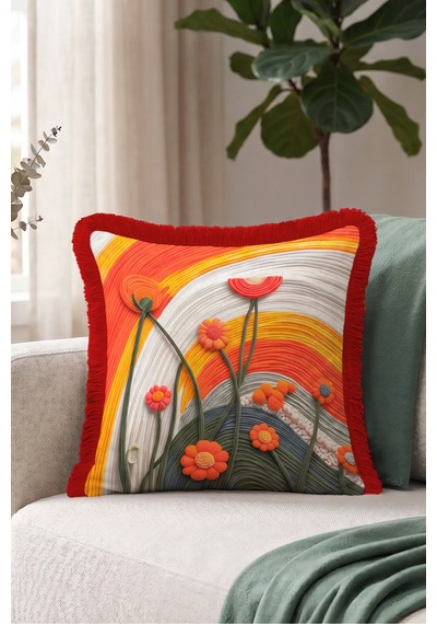 Çiçek Tasarım Sanatsal Saçaklı Yastık Kılıfı - Soyut Floral Turuncu Bordo Püsküllü Kırlent Kılıfı Serin Düş Nova Çiçek Tasarım Sanatsal Saçaklı Yastık Kılıfı - Soyut Floral Turuncu Bordo Püsküllü Kırlent Kılıfı Serin Düş Nova