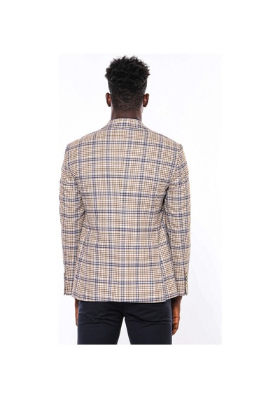 Wessi Ekose Desenli Slim Fit Kahverengi Mavi Erkek Ceket - Wessi Kahverengi - Mavi