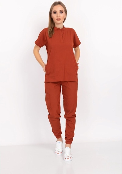 Unisex Kadın Erkek Kiremit Renk Çıt Çıtlı Hakim Yaka Soft Likra Forma Takım Kiremit Kiremit