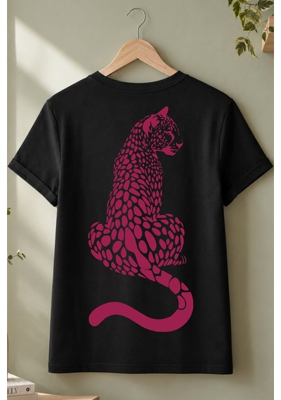 Spoyi Panter Silüeti Tasarımlı %100 Pamuk Yarım Oversize Siyah T-shirt