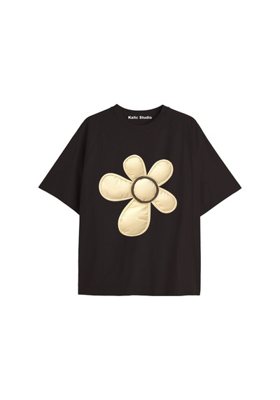 Kalic Studio Kadın Çiçek Özel Baskılı Renkli Oversize Penye Pamuklu Bisiklet Yaka T-shirt Siyah-5
