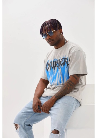 Baskılı Oversize T-shirt - Gri -Çok Renkli
